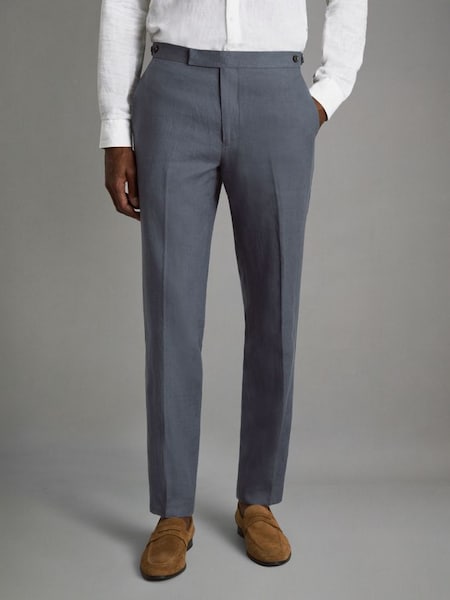 Slim Fit Linen Adjuster Trousers in Airforce Blue (K81577) | $240