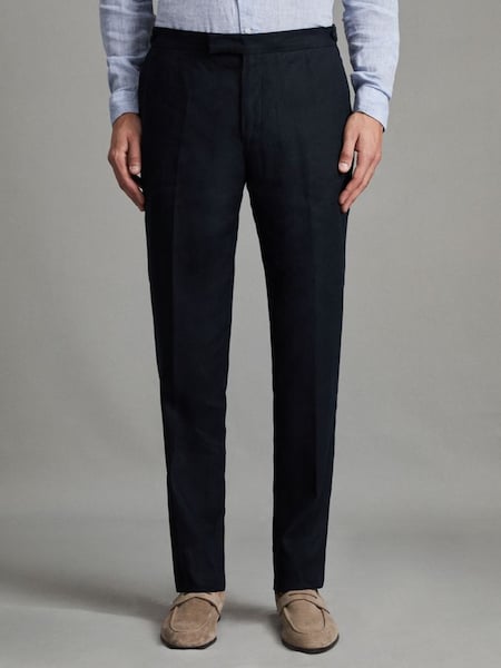 Slim Fit Linen Adjuster Trousers in Navy (K81610) | $240