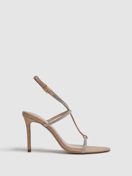 Embellished Suede Heeled Sandals in Nude (K83078) | $320
