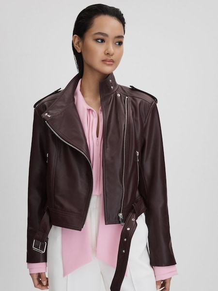 Cropped Leather Biker Jacket in Berry (K83081) | $705