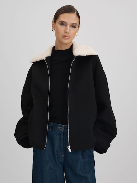 Meotine Wool Blend Shearling Collar Jacket in Black (K92267) | CHF 575