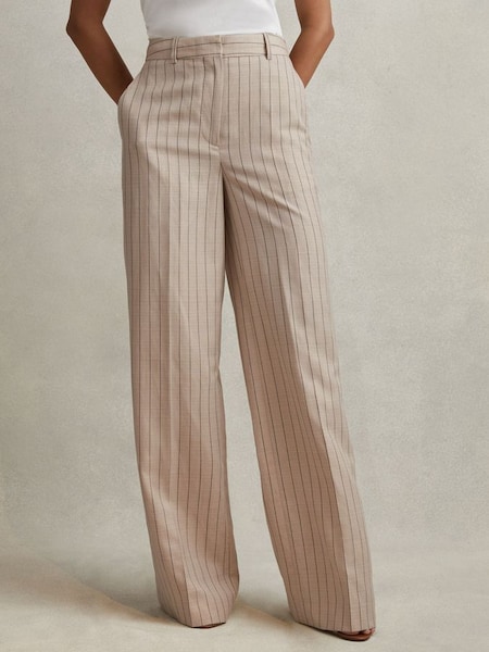 Petite Wool Blend Striped Wide Leg Trousers in Neutral (K92271) | $350