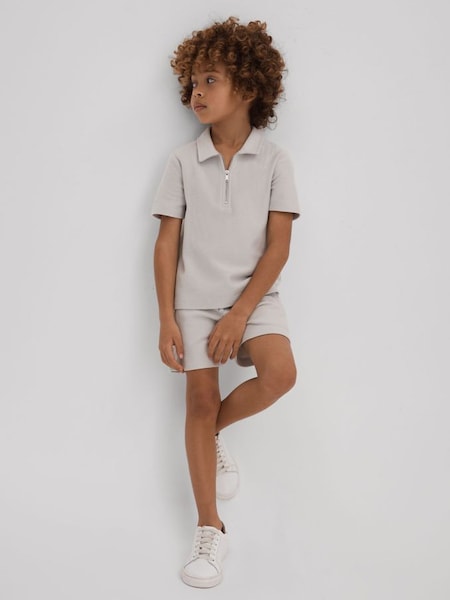 Junior Textured Cotton Half-Zip Polo Shirt in Silver (K92495) | $55