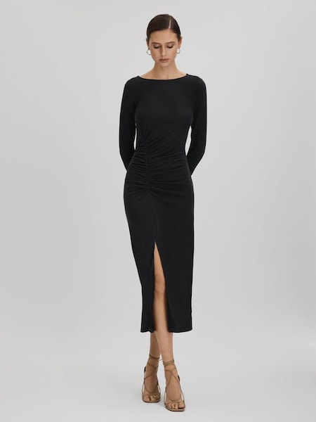 碳黑色平織布褶飾及膝洋裝 (K93669) | HK$2,230