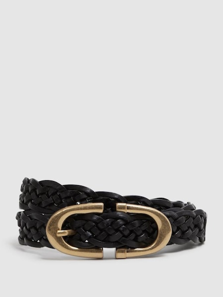 Woven Leather Horseshoe Belt in Black (K95901) | $120