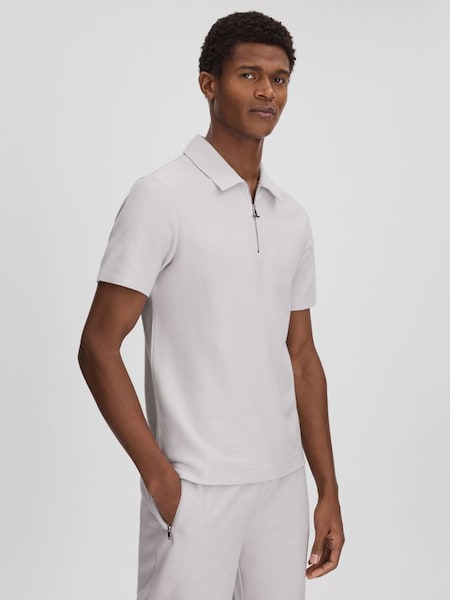 Textured Cotton Half Zip Polo Shirt in Silver (K95907) | $110