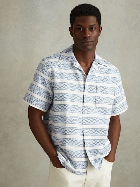 Herringbone Cuban Collar Shirt in White/Soft Blue (K97773) | SAR 670