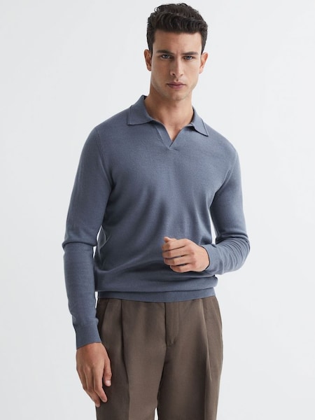 Merino Wool Open Collar Polo Shirt in Nickel Blue (M21075) | $195