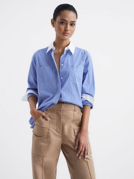 Contrast Stripe Collared Shirt in Blue/White (M21193) | $131