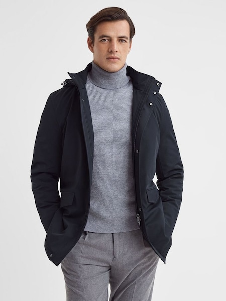 Water Repellent Removable Hooded Coat in Navy (M47936) | €470