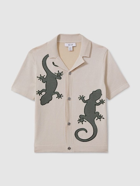 Chemise à col cubain, tissée à motif reptile grège/vert (M48780) | 70 €