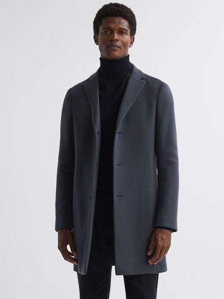 Wool Blend Single Breasted Epsom Overcoat in Airforce Blue (N02009) | €470