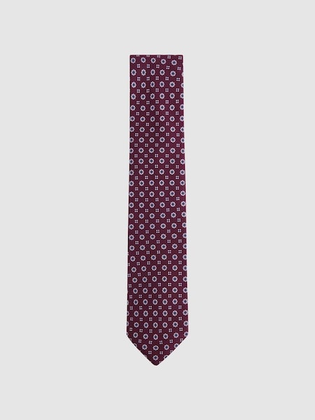 酒紅色花朵勛章圖案絲質領帶 (N06894) | HK$575