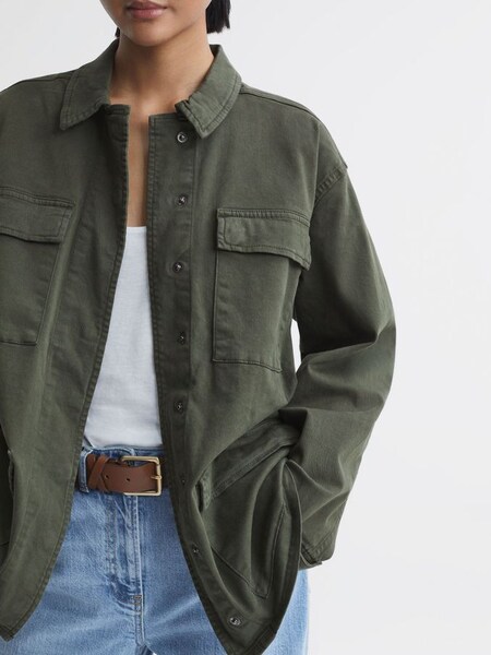Good American Cotton Blend Utility Jacket in Fern Green (N11566) | $204