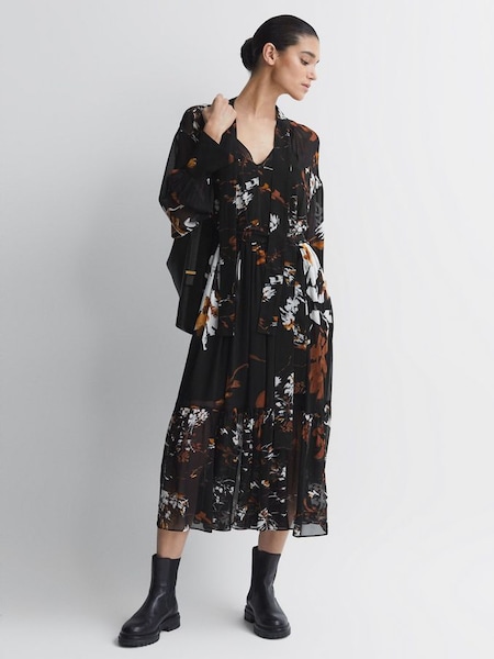Floral Neck Tie Midi Dress in Black/Brown (N11605) | CHF 171