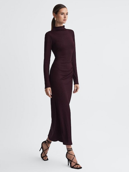 Good American Knitted Funnel Neck Midi Dress in Malbec (N11608) | $198