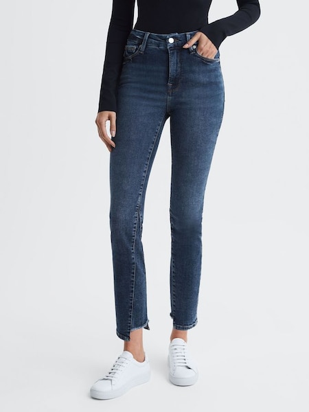 Good American indigoblauwe distressed skinny-fit jeans met hoge taille (N11613) | € 185