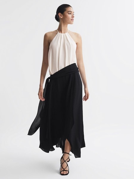 Asymmetrische midi-jurk met overslag en Cream/zwart met riem (N11626) | € 212