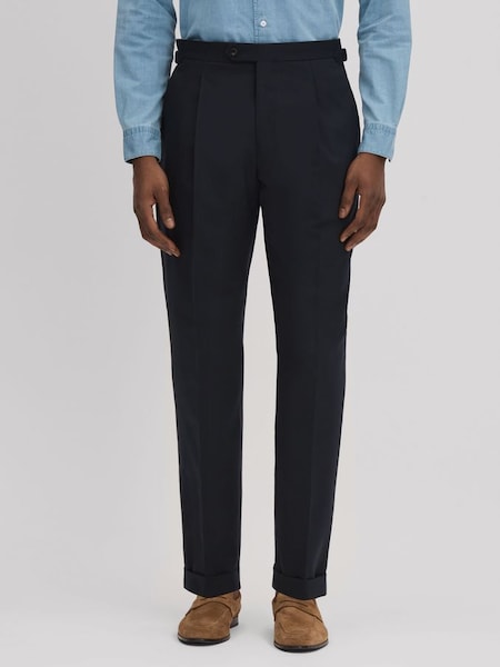 Slim Fit Wool Blend Trousers with Turn-Ups in Navy (N13952) | $240
