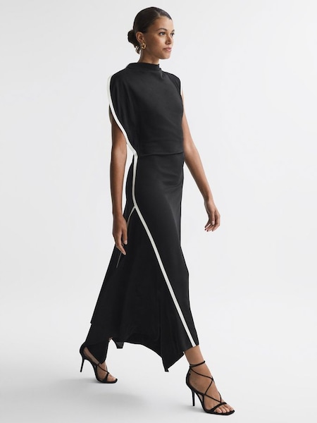 Asymmetric Contrast Trim Midi Dress in Black/White (N15701) | $400