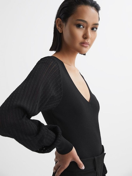 Knitted Sleeve V-Neck Top in Black (N17347) | $124