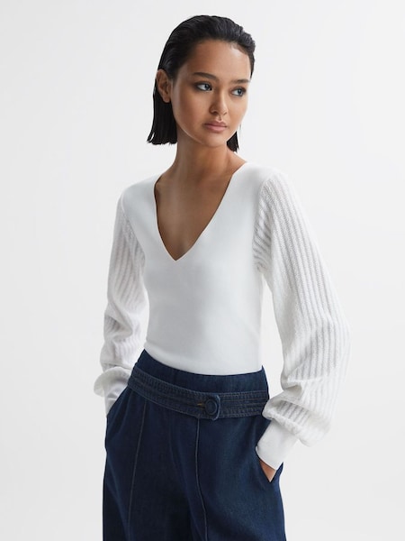 Knitted Sleeve V-Neck Top in Ivory (N17348) | $124