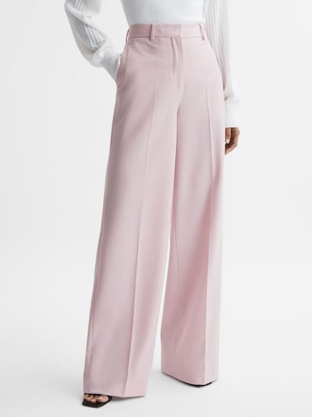 Roze wollen Blend broek met wijde pijpen en halfhoge taille (N18477) | € 245