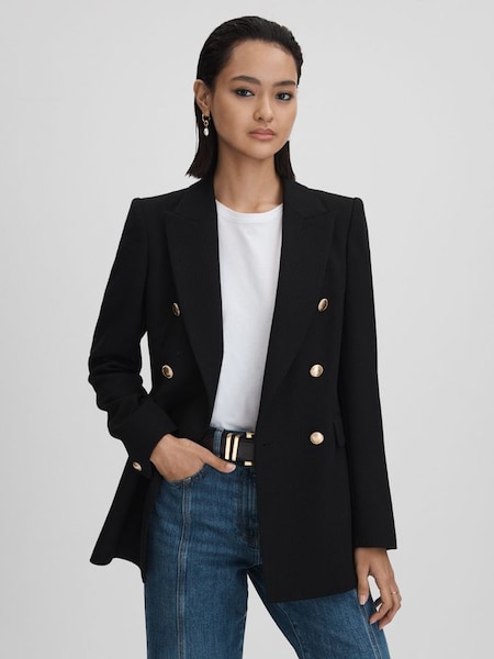 Tailored Textured Wool Blend Double Breasted Blazer in Black (N18478) | HK$4,480
