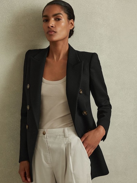 Tailored Textured Wool Blend Double Breasted Blazer in Black (N18479) | $515