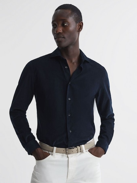 Corduroy overhemd met open kraag in marineblauw (N18490) | € 140