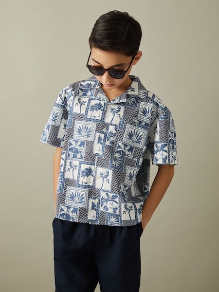 Cotton Blend Collage Cuban Collar Shirt in Airforce Blue (N21177) | $55
