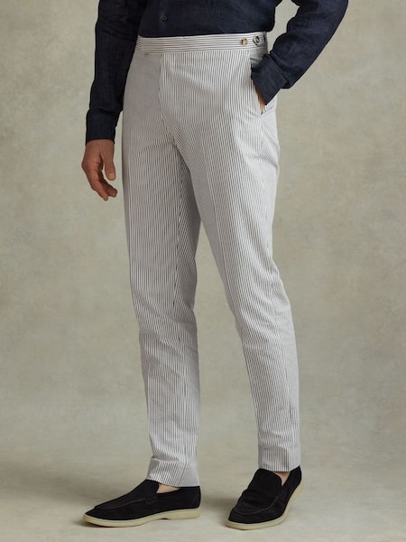 Pantalons ajustés en crépon de coton, bleu doux / blancs (N21200) | 195 €