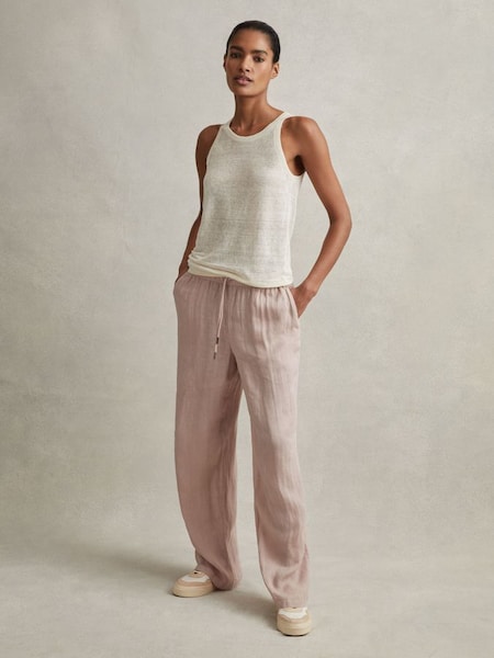 Dusty roze linnen broek met wijde pijpen en garment-dye (N21253) | € 170