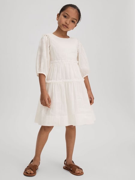 Junior Tiered Linen Blend Puff Sleeve Dress in Ivory (N21568) | SAR 455