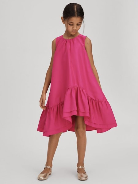 Junior Layered High-Low Dress in Bright Pink (N21661) | $120