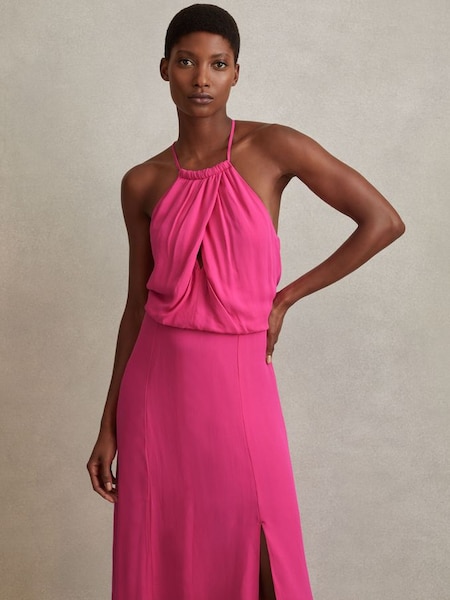 Roze midi-jurk met gedrapeerde voorkant (N21681) | € 225