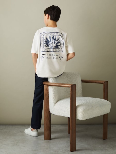 Oversized Cotton Motif Shirt in Ecru/Blue (N22909) | SAR 105
