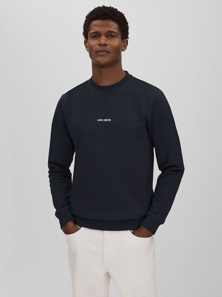 Les Deux - Marineblauw/wit katoenen sweatshirt met ronde hals (N26708) | € 130