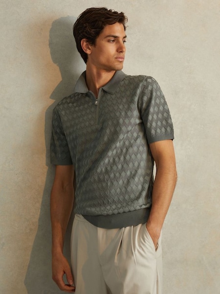 Half-Zip Knitted Polo Shirt in Sage (N26715) | HK$1,660