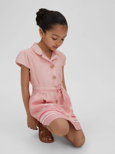 高齡棉質亞麻蓋袖附腰帶粉色印花洋裝 (N27638) | HK$1,120