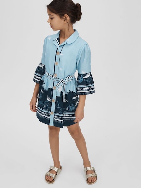 Cotton Linen Flared Sleeve Dress in Blue Print (N27652) | €95