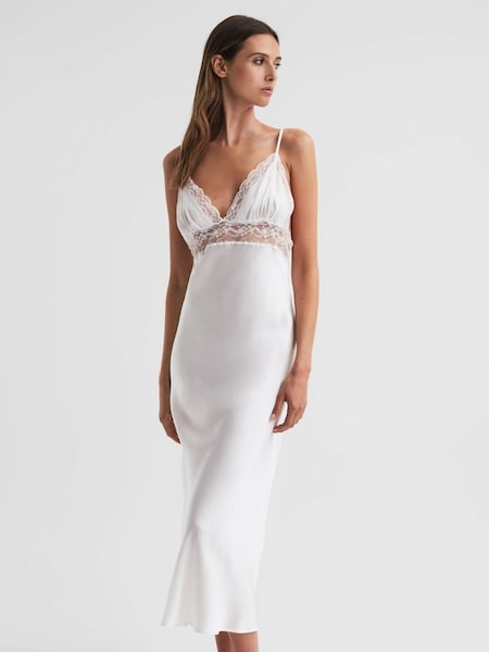 Maison Essentiele Silk Lace Midi Dress in Optic White (N29885) | $505