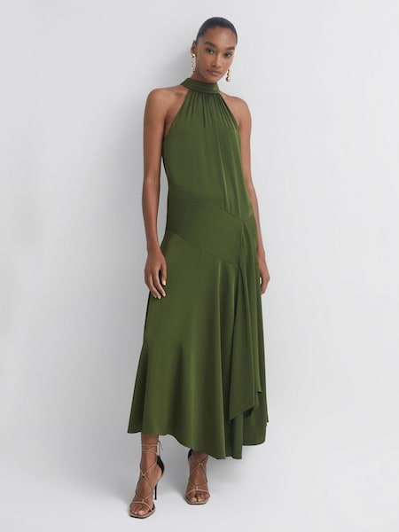 Florere Halterneck Asymmetric Midi Dress in Khaki (N29889) | $385