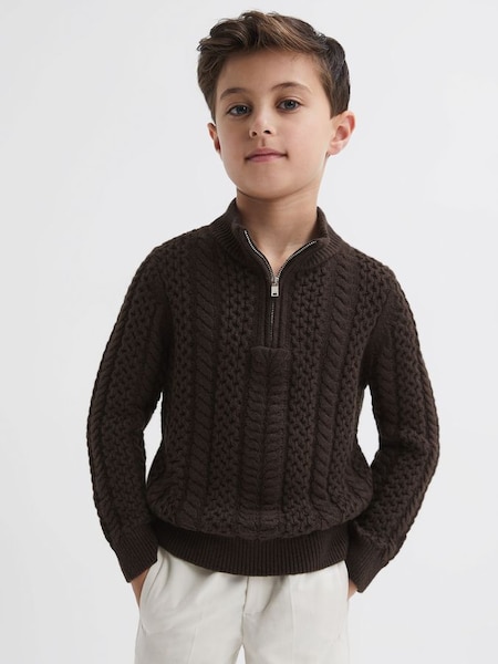 Pull couleur chocolat coupe slim en maille à demi-zippé pour junior (N31489) | 36 €