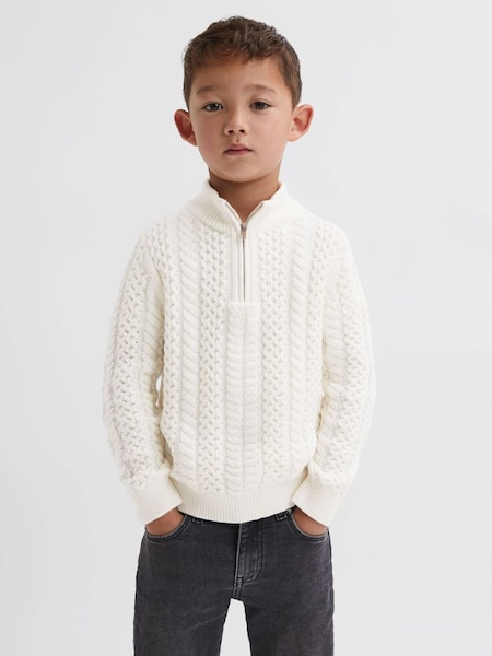 Junior Slim Fit Knitted Half-Zip Jumper in Ecru (N31490) | $60
