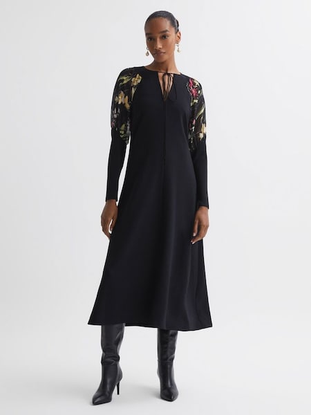 Florere Print Sleeve Midi Dress in Black (N31505) | $330