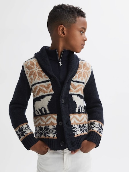 Junior Knitted Fair isle Button-Through Cardigan in Navy Multi (N31513) | $75