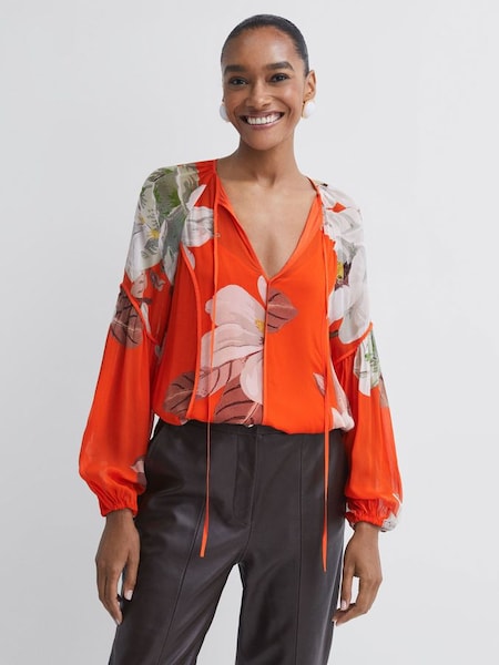 Florere Sheer Floral Tie Neck Blouse in Orange (N31520) | $97