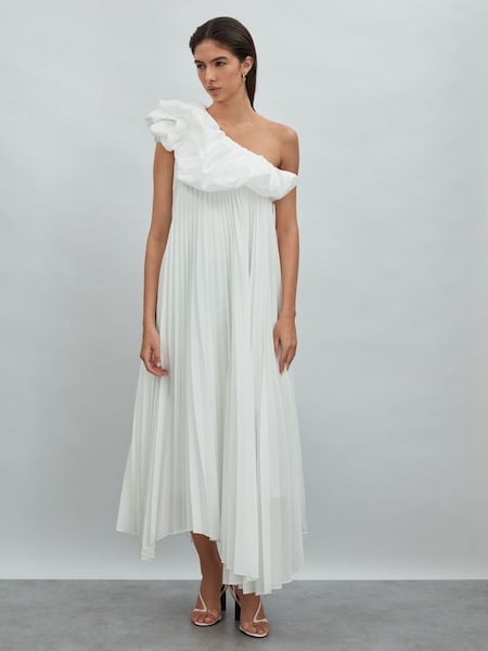 Acler ivoorkleurige asymmetrische midi-jurk met één schouder (N32601) | € 945