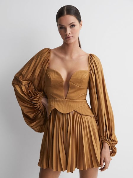 Acler - Goudkleurige geplooide mini-jurk met schootje (N32602) | € 585